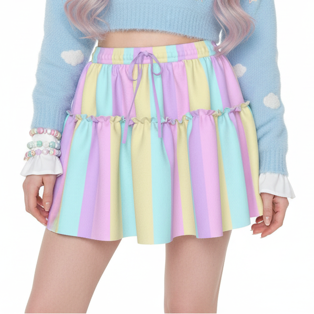 Kawaii fashion harajuku fashion jfashion fairy kei yume kawaii cutecore jojifuku Pastel Stripes Waist Tie Ruffle Mini Skirt (Color Block) pastel rainbow 