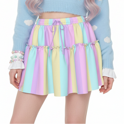 Kawaii fashion harajuku fashion jfashion fairy kei yume kawaii cutecore jojifuku Pastel Stripes Waist Tie Ruffle Mini Skirt (Color Block) pastel rainbow 