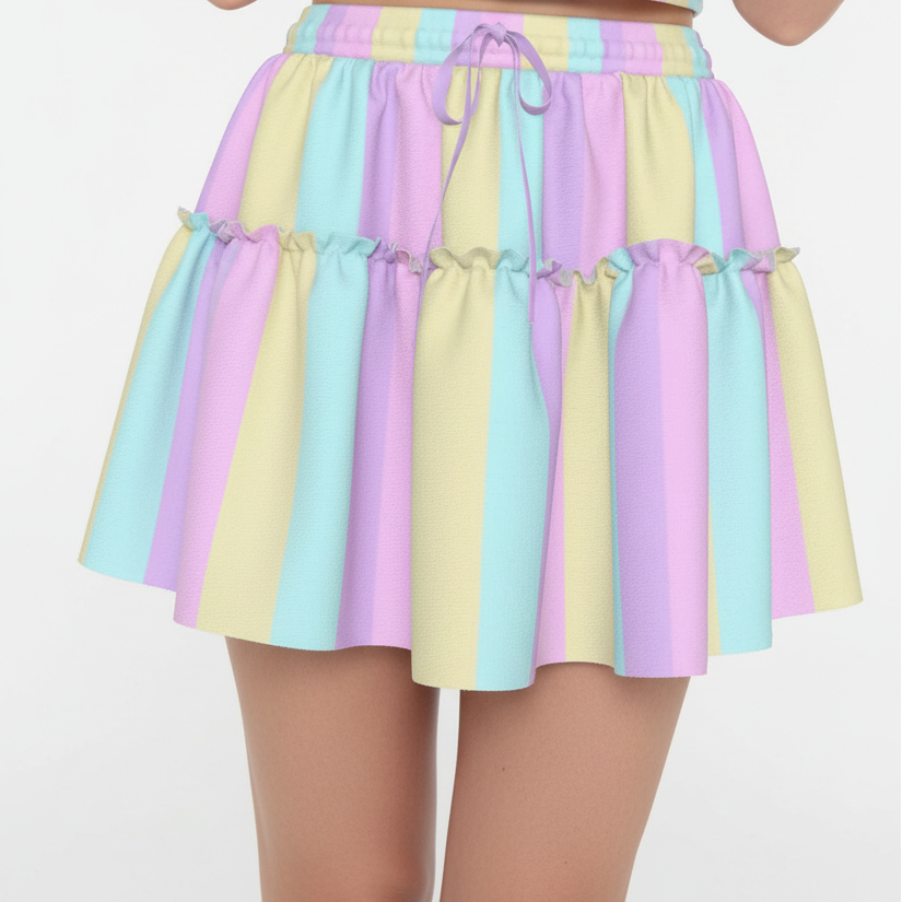 Kawaii fashion harajuku fashion jfashion fairy kei yume kawaii cutecore jojifuku Pastel Stripes Waist Tie Ruffle Mini Skirt (Color Block) pastel rainbow 
