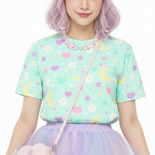 Kawaii fashion jfashion Harajuku style Japanese street fashion fairy kei jojifuku cutecore yume kawaii heisei retro era Magical Spring Unisex Cotton T-Shirt (Mint) pastel green flowers hearts moons holleyteatime Holley Tea Time