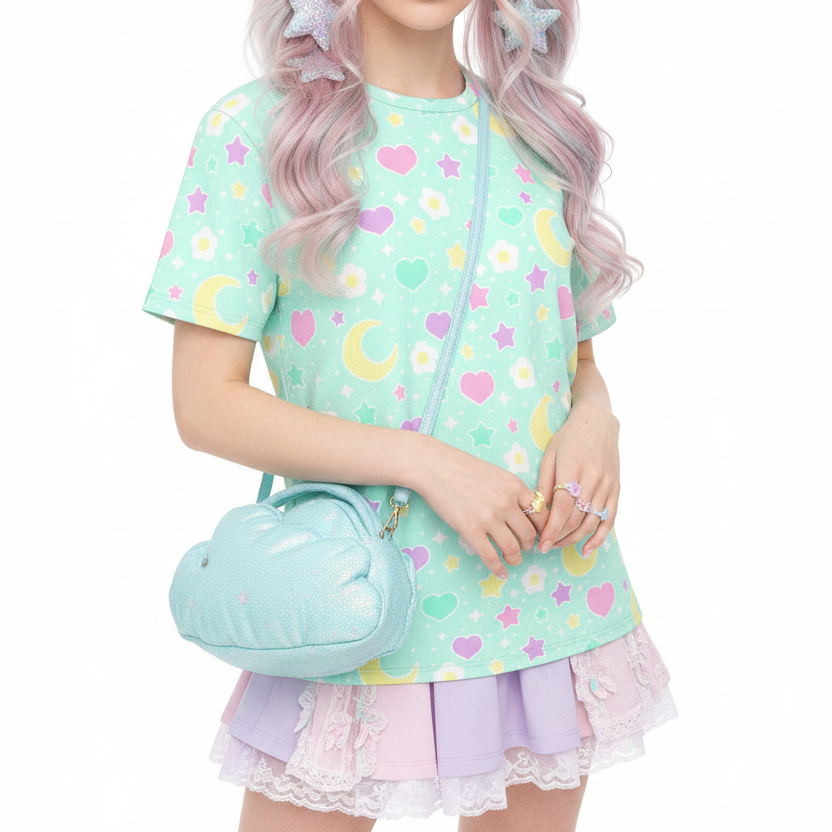 Kawaii fashion jfashion Harajuku style Japanese street fashion fairy kei jojifuku cutecore yume kawaii heisei retro era Magical Spring Unisex Cotton T-Shirt (Mint) pastel green flowers hearts moons holleyteatime Holley Tea Time