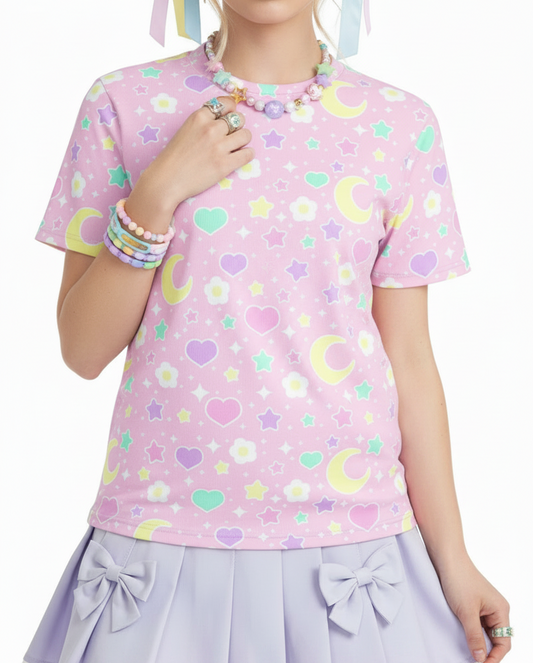 Kawaii fashion jfashion Harajuku style Japanese street fashion fairy kei jojifuku cutecore yume kawaii heisei retro era Magical Spring Unisex Cotton T-Shirt (Pink) pastel pink flowers hearts moons holleyteatime Holley Tea Time