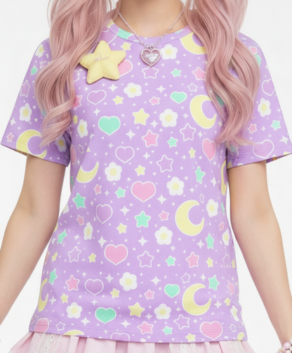 Kawaii fashion jfashion Harajuku style Japanese street fashion fairy kei jojifuku cutecore yume kawaii heisei retro era Magical Spring Unisex Cotton T-Shirt (Purple) pastel purple lavender lilac violet flowers hearts moons holleyteatime Holley Tea Time