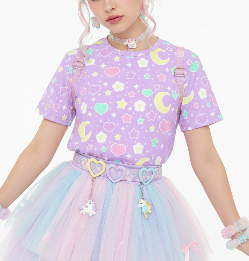 Kawaii fashion jfashion Harajuku style Japanese street fashion fairy kei jojifuku cutecore yume kawaii heisei retro era Magical Spring Unisex Cotton T-Shirt (Purple) pastel purple lavender lilac violet flowers hearts moons holleyteatime 