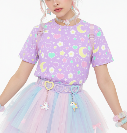 Kawaii fashion jfashion Harajuku style Japanese street fashion fairy kei jojifuku cutecore yume kawaii heisei retro era Magical Spring Unisex Cotton T-Shirt (Purple) pastel purple lavender lilac violet flowers hearts moons holleyteatime 