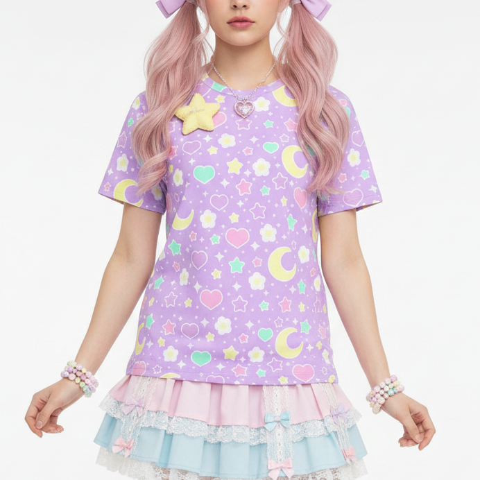 Kawaii fashion jfashion Harajuku style Japanese street fashion fairy kei jojifuku cutecore yume kawaii heisei retro era Magical Spring Unisex Cotton T-Shirt (Purple) pastel purple lavender lilac violet flowers hearts moons holleyteatime 