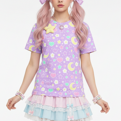 Kawaii fashion jfashion Harajuku style Japanese street fashion fairy kei jojifuku cutecore yume kawaii heisei retro era Magical Spring Unisex Cotton T-Shirt (Purple) pastel purple lavender lilac violet flowers hearts moons holleyteatime 