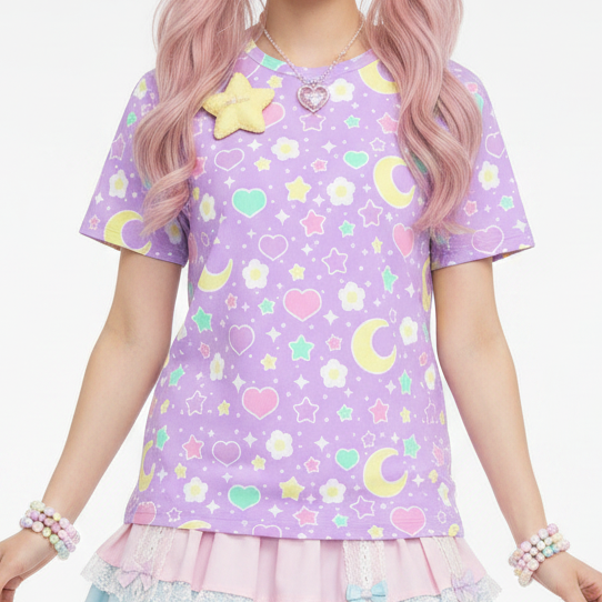 Kawaii fashion jfashion Harajuku style Japanese street fashion fairy kei jojifuku cutecore yume kawaii heisei retro era Magical Spring Unisex Cotton T-Shirt (Purple) pastel purple lavender lilac violet flowers hearts moons holleyteatime Holley Tea Time