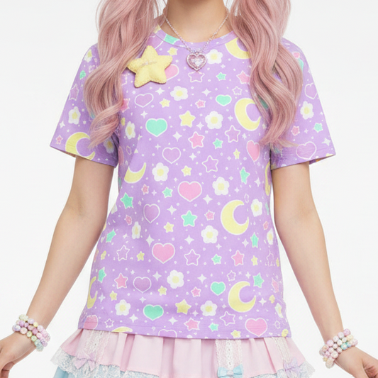 Kawaii fashion jfashion Harajuku style Japanese street fashion fairy kei jojifuku cutecore yume kawaii heisei retro era Magical Spring Unisex Cotton T-Shirt (Purple) pastel purple lavender lilac violet flowers hearts moons holleyteatime Holley Tea Time