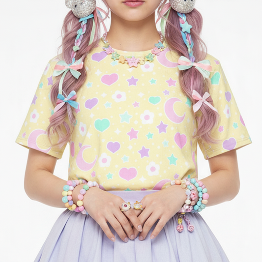 Kawaii fashion jfashion Harajuku style Japanese street fashion fairy kei jojifuku cutecore yume kawaii heisei retro era Magical Spring Unisex Cotton T-Shirt (Yellow) pastel yellow flowers hearts moons holleyteatime Holley Tea Time