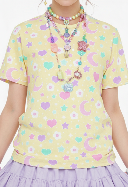 Kawaii fashion jfashion Harajuku style Japanese street fashion fairy kei jojifuku cutecore yume kawaii heisei retro era Magical Spring Unisex Cotton T-Shirt (Yellow) pastel yellow flowers hearts moons holleyteatime Holley Tea Time