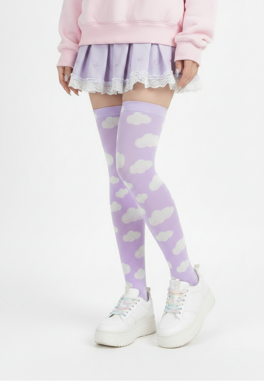 Kawaii fashion jfashion Harajuku style fairy kei yume kawaii tenshi kaiwai cutecore jojifuku heisei retro era Dreamy Clouds Over Knee Stocking Socks (Lilac) Purple lavender violet Japanese street fashion cute pastel sky dreamy 