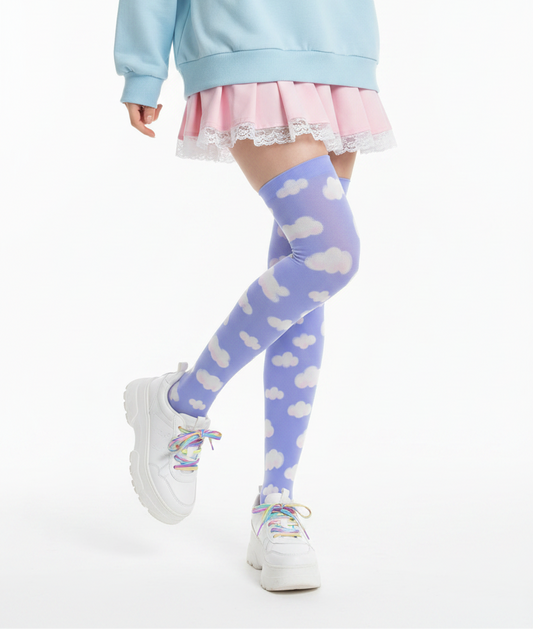 Kawaii fashion jfashion Harajuku style fairy kei yume kawaii tenshi kaiwai cutecore jojifuku heisei retro era Dreamy Clouds Over Knee Stocking Socks (Periwinkle) Blue Japanese street fashion cute pastel sky dreamy 