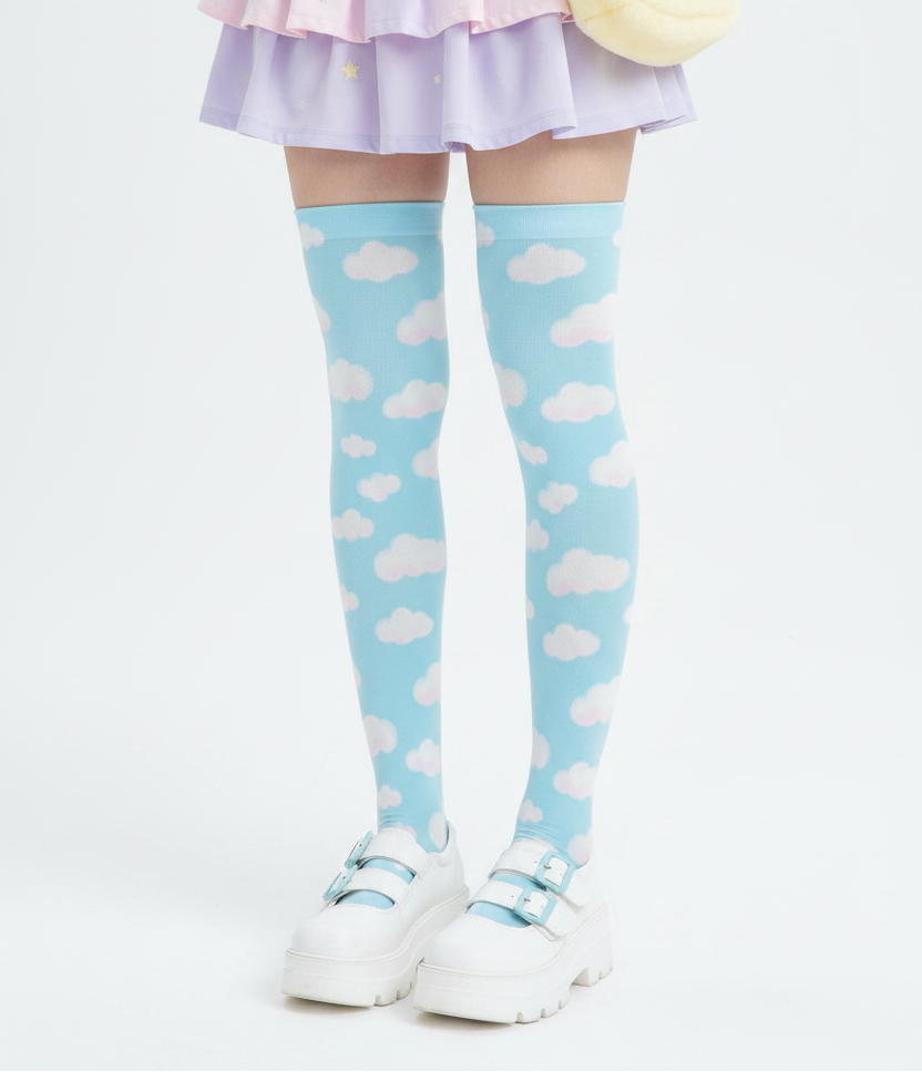 Kawaii fashion jfashion Harajuku style fairy kei yume kawaii tenshi kaiwai cutecore jojifuku heisei retro era Dreamy Clouds Over Knee Stocking Socks (Sky Blue) Japanese street fashion cute pastel sky dreamy 
