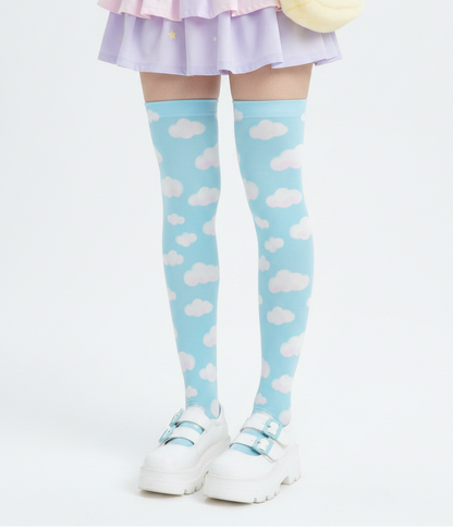 Kawaii fashion jfashion Harajuku style fairy kei yume kawaii tenshi kaiwai cutecore jojifuku heisei retro era Dreamy Clouds Over Knee Stocking Socks (Sky Blue) Japanese street fashion cute pastel sky dreamy 