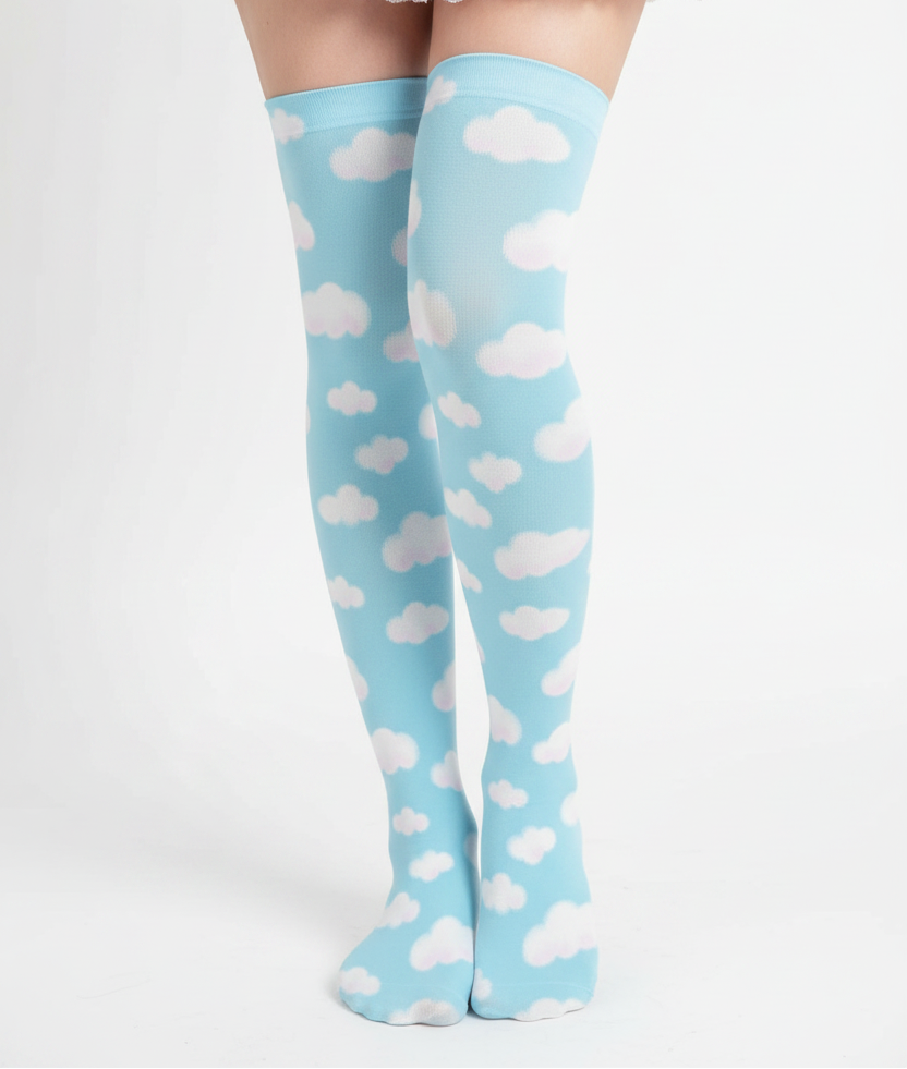 Kawaii fashion jfashion Harajuku style fairy kei yume kawaii tenshi kaiwai cutecore jojifuku heisei retro era Dreamy Clouds Over Knee Stocking Socks (Sky Blue) Japanese street fashion cute pastel sky dreamy 
