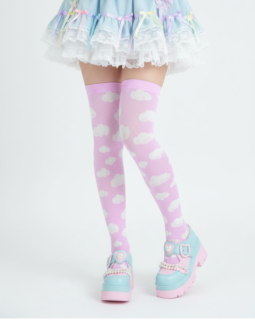 Kawaii fashion jfashion Harajuku style fairy kei yume kawaii tenshi kaiwai cutecore jojifuku heisei retro era Dreamy Clouds Over Knee Stocking Socks (Taffy Pink) Japanese street fashion cute pastel sky dreamy 