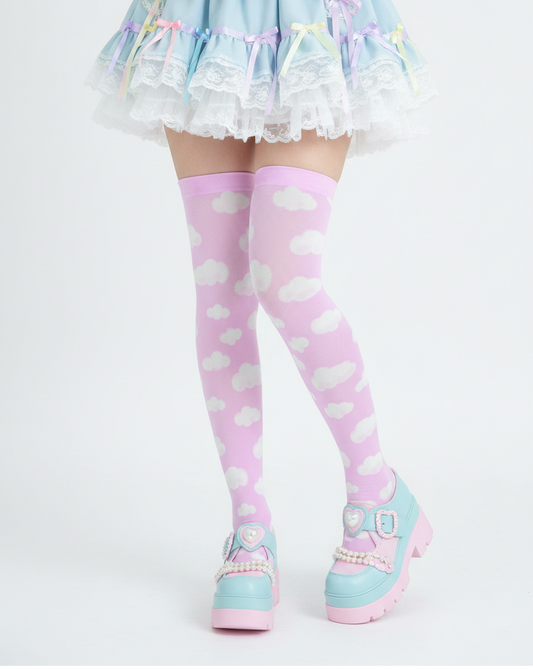 Kawaii fashion jfashion Harajuku style fairy kei yume kawaii tenshi kaiwai cutecore jojifuku heisei retro era Dreamy Clouds Over Knee Stocking Socks (Taffy Pink) Japanese street fashion cute pastel sky dreamy 