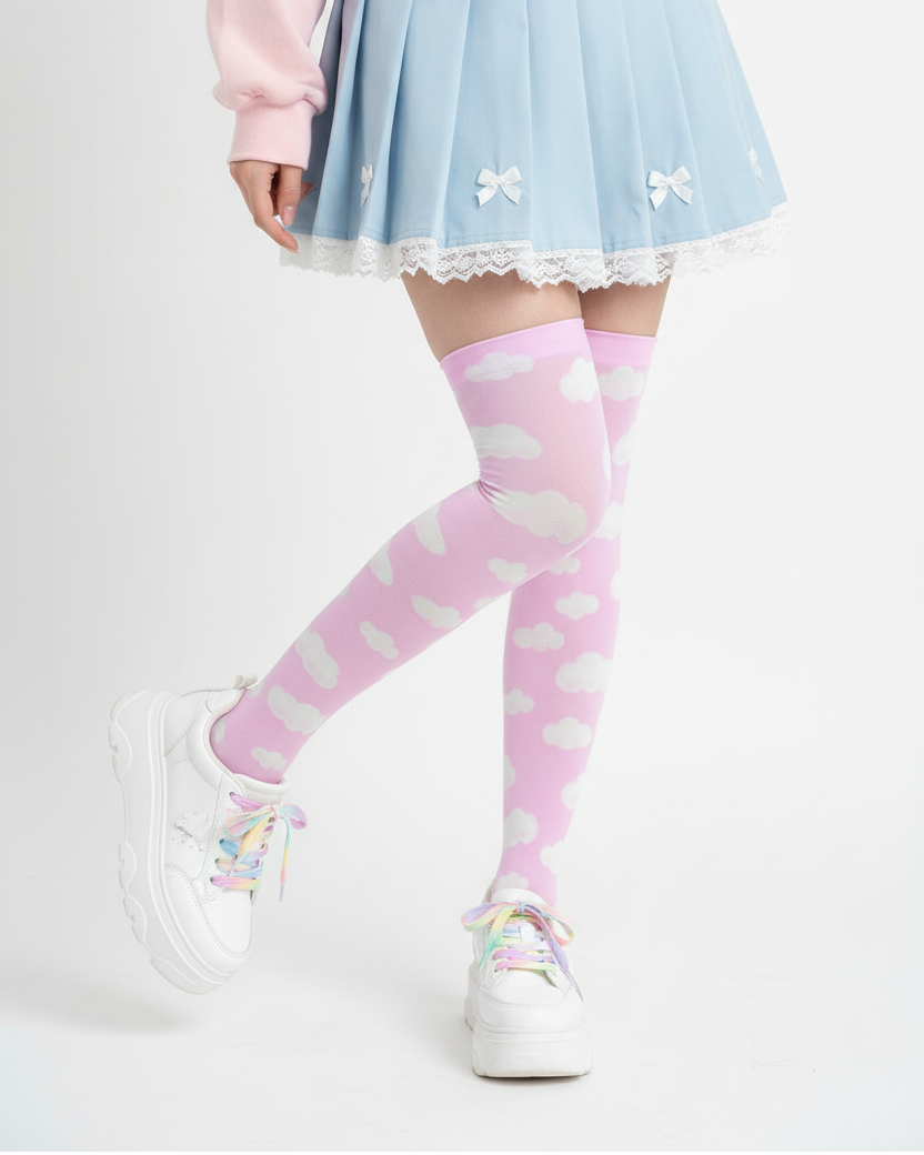 Kawaii fashion jfashion Harajuku style fairy kei yume kawaii tenshi kaiwai cutecore jojifuku heisei retro era Dreamy Clouds Over Knee Stocking Socks (Taffy Pink) Japanese street fashion cute pastel sky dreamy 