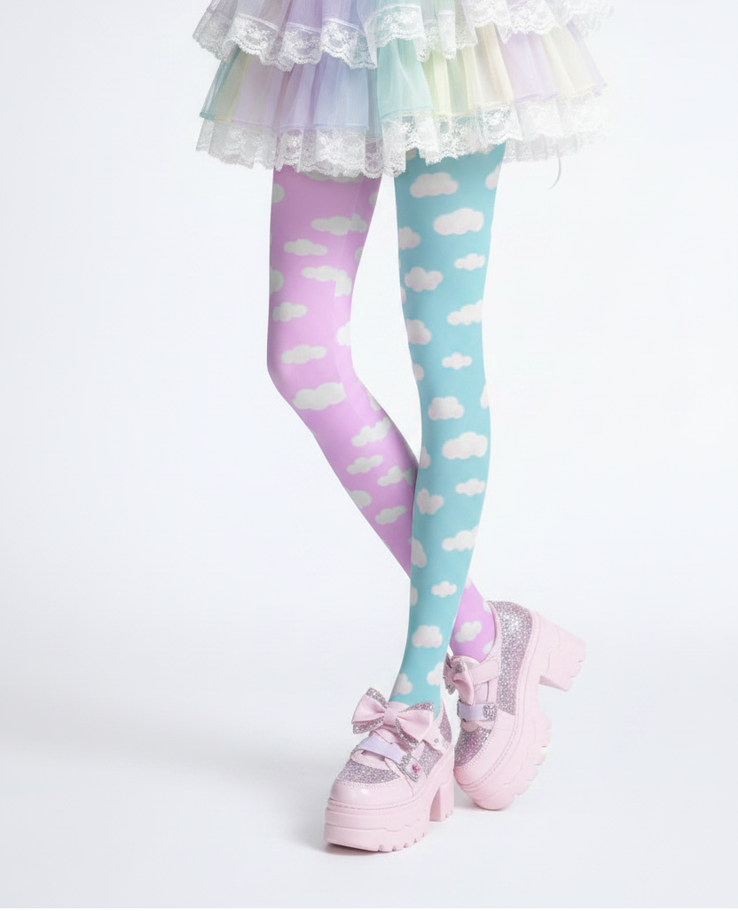 Kawaii fashion tenshi kaiwai cutecore jojifuku heisei retro era Blue Pink jfashion Harajuku style fairy kei yume kawaii  Dreamy Clouds Stretchy Tights (Taffy Pink x Sky Blue) Footed Stockings Pantyhose trendy cute stylish sky pastel colors 