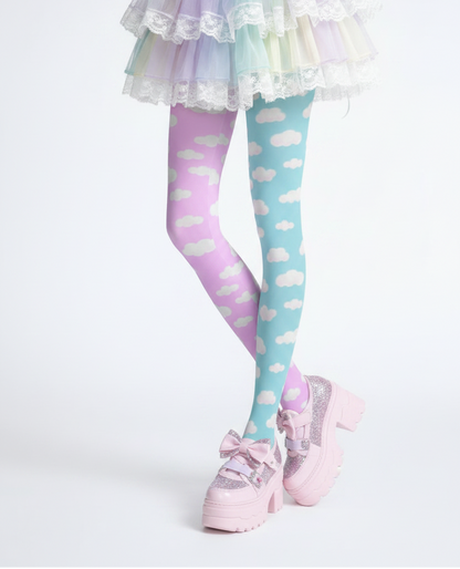 Kawaii fashion tenshi kaiwai cutecore jojifuku heisei retro era Blue Pink jfashion Harajuku style fairy kei yume kawaii  Dreamy Clouds Stretchy Tights (Taffy Pink x Sky Blue) Footed Stockings Pantyhose trendy cute stylish sky pastel colors 