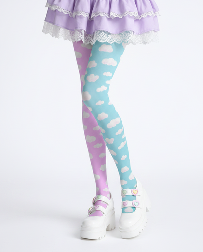 Kawaii fashion tenshi kaiwai cutecore jojifuku heisei retro era Blue Pink jfashion Harajuku style fairy kei yume kawaii  Dreamy Clouds Stretchy Tights (Taffy Pink x Sky Blue) Footed Stockings Pantyhose trendy cute stylish sky pastel colors 