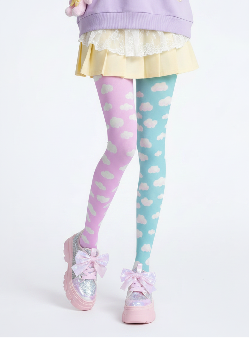Kawaii fashion tenshi kaiwai cutecore jojifuku heisei retro era Blue Pink jfashion Harajuku style fairy kei yume kawaii  Dreamy Clouds Stretchy Tights (Taffy Pink x Sky Blue) Footed Stockings Pantyhose trendy cute stylish sky pastel colors 