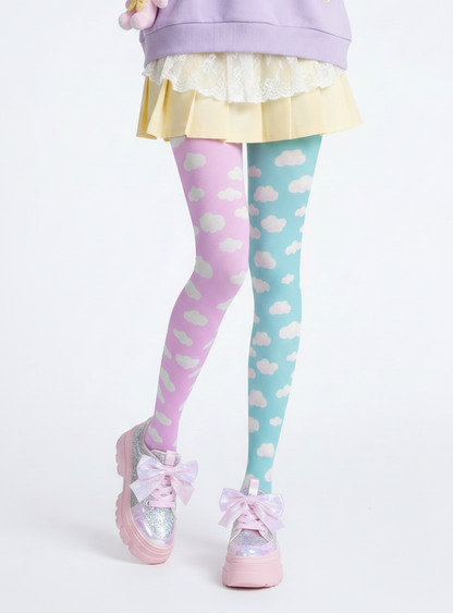 Kawaii fashion tenshi kaiwai cutecore jojifuku heisei retro era Blue Pink jfashion Harajuku style fairy kei yume kawaii  Dreamy Clouds Stretchy Tights (Taffy Pink x Sky Blue) Footed Stockings Pantyhose trendy cute stylish sky pastel colors 