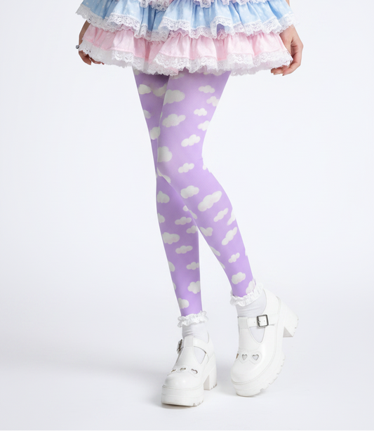 Kawaii fashion tenshi kaiwai cutecore jojifuku heisei retro era Blue jfashion Harajuku style fairy kei yume kawaii  Dreamy Clouds Stretchy Tights (Lilac)  Purple lavender violet Footed Stockings Pantyhose trendy cute stylish sky