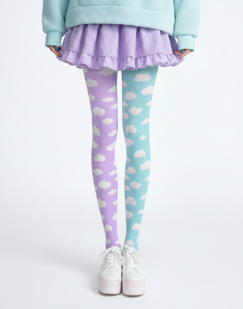 Kawaii fashion tenshi kaiwai cutecore jojifuku heisei retro era Blue jfashion Harajuku style fairy kei yume kawaii  Dreamy Clouds Stretchy Tights (Lilac x Sky Blue) Footed Stockings Pantyhose trendy cute stylish sky pastel colors