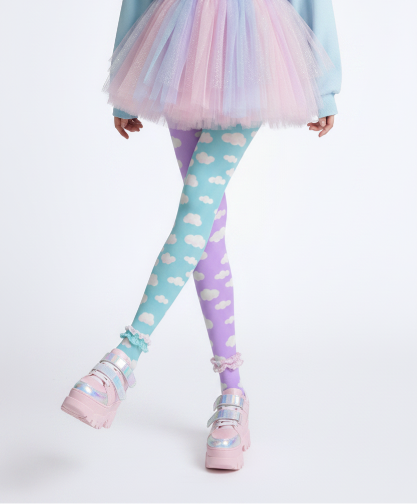 Kawaii fashion tenshi kaiwai cutecore jojifuku heisei retro era Blue jfashion Harajuku style fairy kei yume kawaii  Dreamy Clouds Stretchy Tights (Lilac x Sky Blue) Footed Stockings Pantyhose trendy cute stylish sky pastel colors