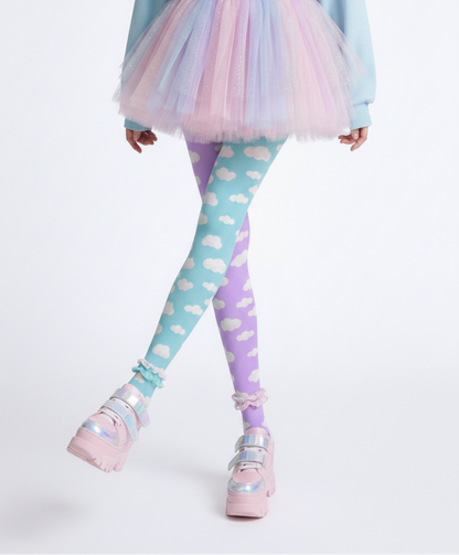 Kawaii fashion tenshi kaiwai cutecore jojifuku heisei retro era Blue jfashion Harajuku style fairy kei yume kawaii  Dreamy Clouds Stretchy Tights (Lilac x Sky Blue) Footed Stockings Pantyhose trendy cute stylish sky pastel colors