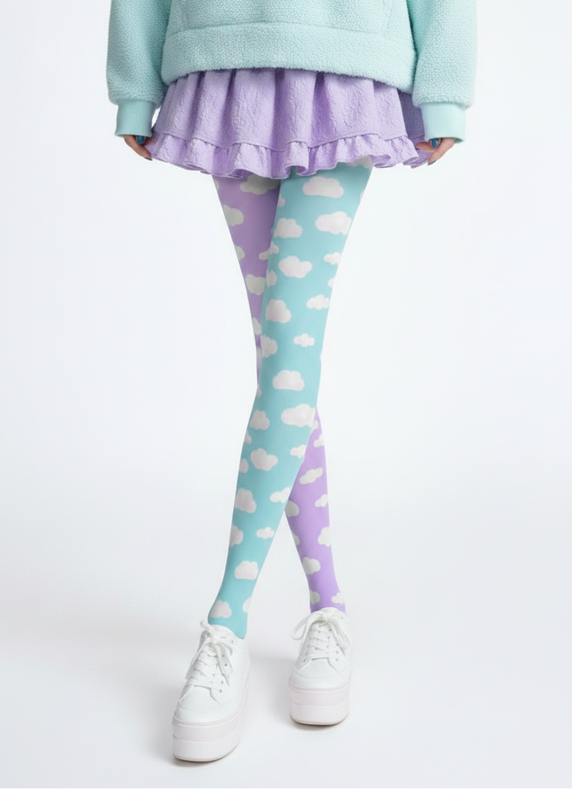 Kawaii fashion tenshi kaiwai cutecore jojifuku heisei retro era Blue jfashion Harajuku style fairy kei yume kawaii  Dreamy Clouds Stretchy Tights (Lilac x Sky Blue) Footed Stockings Pantyhose trendy cute stylish sky pastel colors