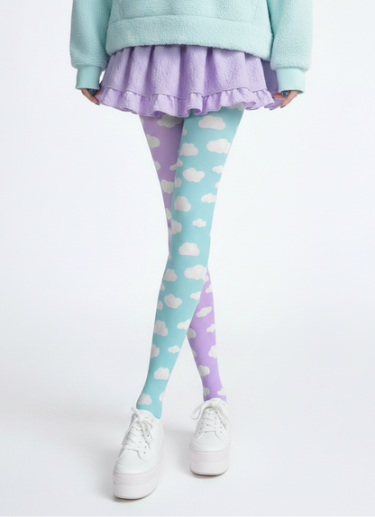 Kawaii fashion tenshi kaiwai cutecore jojifuku heisei retro era Blue jfashion Harajuku style fairy kei yume kawaii  Dreamy Clouds Stretchy Tights (Lilac x Sky Blue) Footed Stockings Pantyhose trendy cute stylish sky pastel colors