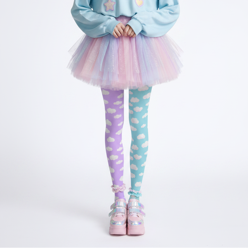 Kawaii fashion tenshi kaiwai cutecore jojifuku heisei retro era Blue jfashion Harajuku style fairy kei yume kawaii  Dreamy Clouds Stretchy Tights (Lilac x Sky Blue) Footed Stockings Pantyhose trendy cute stylish sky pastel colors