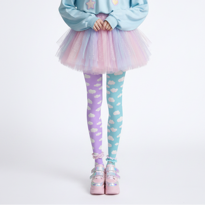 Kawaii fashion tenshi kaiwai cutecore jojifuku heisei retro era Blue jfashion Harajuku style fairy kei yume kawaii  Dreamy Clouds Stretchy Tights (Lilac x Sky Blue) Footed Stockings Pantyhose trendy cute stylish sky pastel colors
