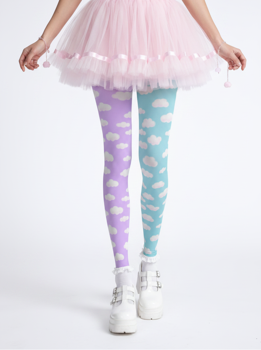 Kawaii fashion tenshi kaiwai cutecore jojifuku heisei retro era Blue jfashion Harajuku style fairy kei yume kawaii  Dreamy Clouds Stretchy Tights (Lilac x Sky Blue) Footed Stockings Pantyhose trendy cute stylish sky pastel colors