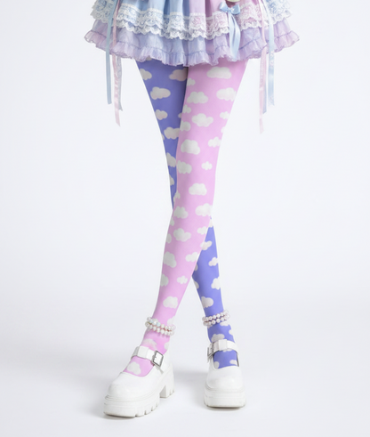 Kawaii fashion tenshi kaiwai cutecore jojifuku heisei retro era Blue jfashion Harajuku style fairy kei yume kawaii  Dreamy Clouds Stretchy Tights (Periwinkle x Taffy Pink) Footed Stockings Pantyhose trendy cute stylish sky
