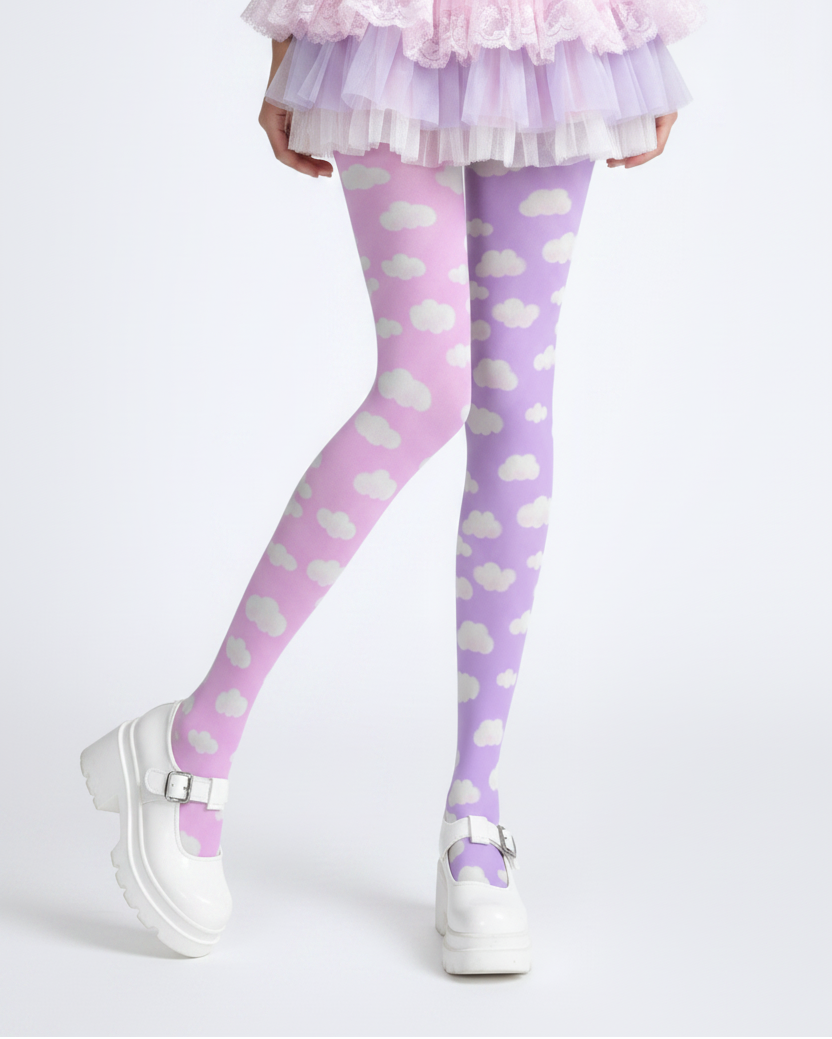 Kawaii fashion tenshi kaiwai cutecore jojifuku heisei retro era Blue jfashion Harajuku style fairy kei yume kawaii  Dreamy Clouds Stretchy Tights (Taffy Pink x Lilac Purple) Footed Stockings Pantyhose trendy cute stylish sky pastel colors 