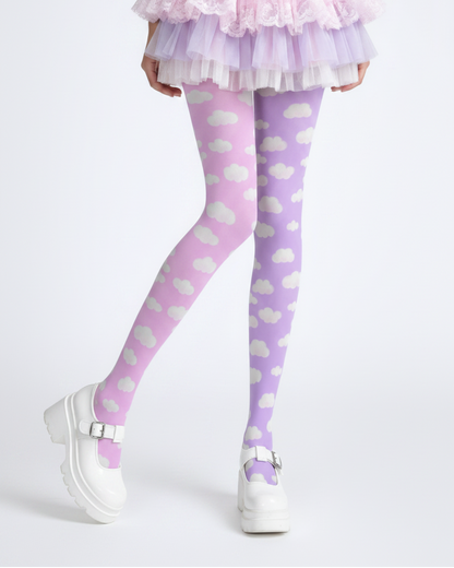 Kawaii fashion tenshi kaiwai cutecore jojifuku heisei retro era Blue jfashion Harajuku style fairy kei yume kawaii  Dreamy Clouds Stretchy Tights (Taffy Pink x Lilac Purple) Footed Stockings Pantyhose trendy cute stylish sky pastel colors 