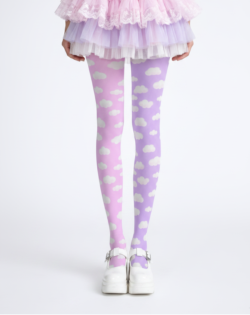 Kawaii fashion tenshi kaiwai cutecore jojifuku heisei retro era Blue jfashion Harajuku style fairy kei yume kawaii  Dreamy Clouds Stretchy Tights (Taffy Pink x Lilac Purple) Footed Stockings Pantyhose trendy cute stylish sky pastel colors 