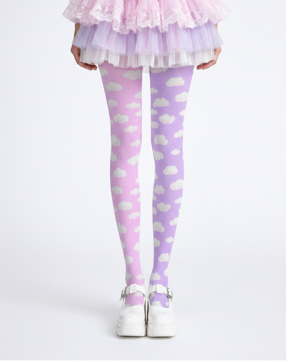 Kawaii fashion tenshi kaiwai cutecore jojifuku heisei retro era Blue jfashion Harajuku style fairy kei yume kawaii  Dreamy Clouds Stretchy Tights (Taffy Pink x Lilac Purple) Footed Stockings Pantyhose trendy cute stylish sky pastel colors 