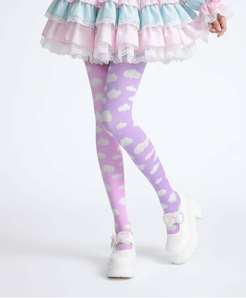 Kawaii fashion tenshi kaiwai cutecore jojifuku heisei retro era Blue jfashion Harajuku style fairy kei yume kawaii  Dreamy Clouds Stretchy Tights (Taffy Pink x Lilac Purple) Footed Stockings Pantyhose trendy cute stylish sky pastel colors 
