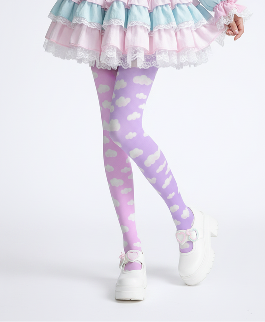 Kawaii fashion tenshi kaiwai cutecore jojifuku heisei retro era Blue jfashion Harajuku style fairy kei yume kawaii  Dreamy Clouds Stretchy Tights (Taffy Pink x Lilac Purple) Footed Stockings Pantyhose trendy cute stylish sky pastel colors 
