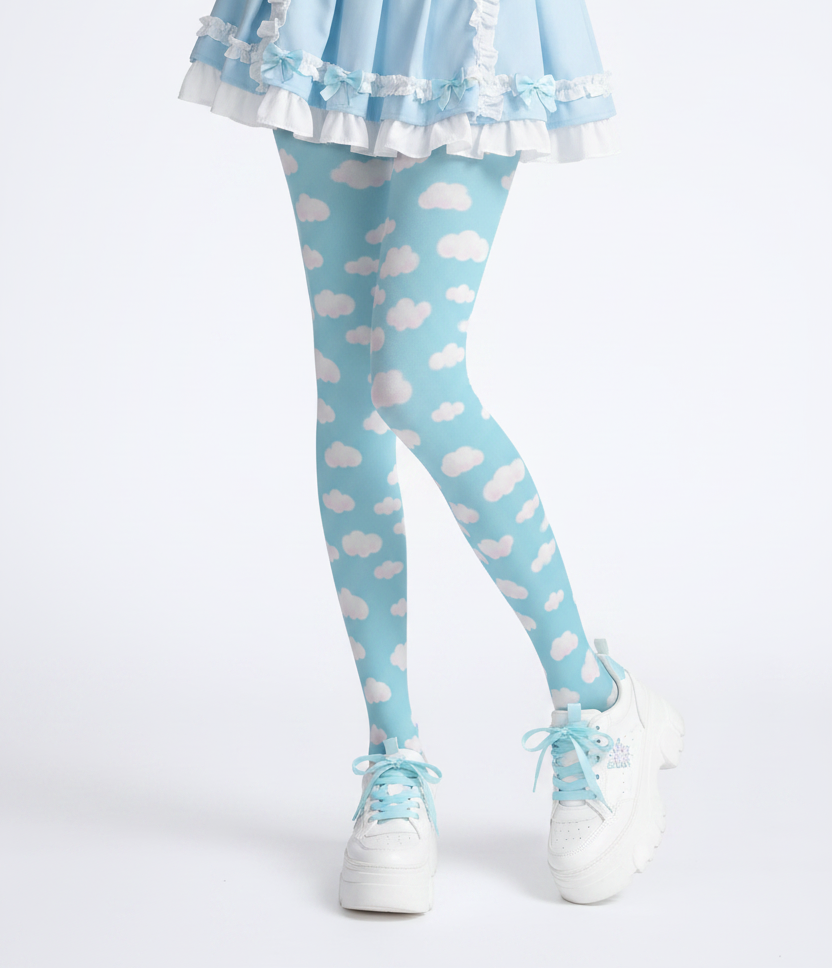 Kawaii fashion tenshi kaiwai cutecore jojifuku heisei retro era jfashion Harajuku style fairy kei yume kawaii  Dreamy Clouds Stretchy Tights (Sky Blue) pastel blue and white Footed Stockings Pantyhose trendy cute stylish sky candy sweet dreamy