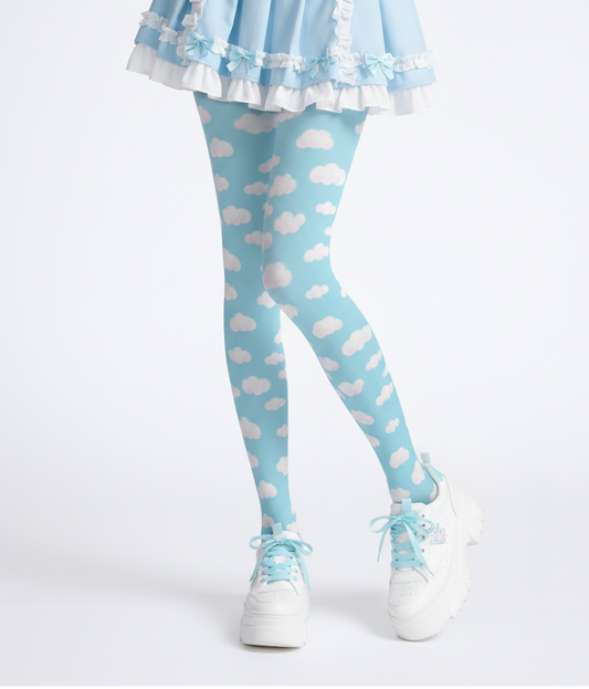 Kawaii fashion tenshi kaiwai cutecore jojifuku heisei retro era jfashion Harajuku style fairy kei yume kawaii  Dreamy Clouds Stretchy Tights (Sky Blue) pastel blue and white Footed Stockings Pantyhose trendy cute stylish sky candy sweet dreamy