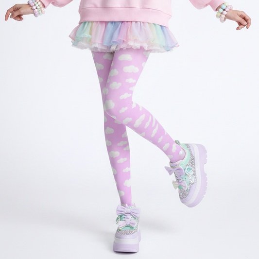 Kawaii fashion tenshi kaiwai cutecore jojifuku heisei retro era jfashion Harajuku style fairy kei yume kawaii  Dreamy Clouds Stretchy Tights (Taffy Pink) Barbie pastel pink Footed Stockings Pantyhose trendy cute stylish sky candy sweet dreamy