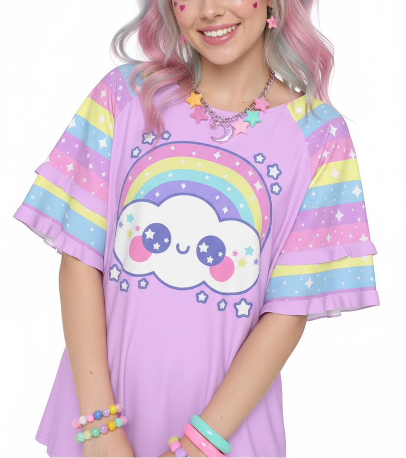 Happy Rainbow Cloud Purple Round Neck Raglan Sleeve Ruffle Frill T-Shirt