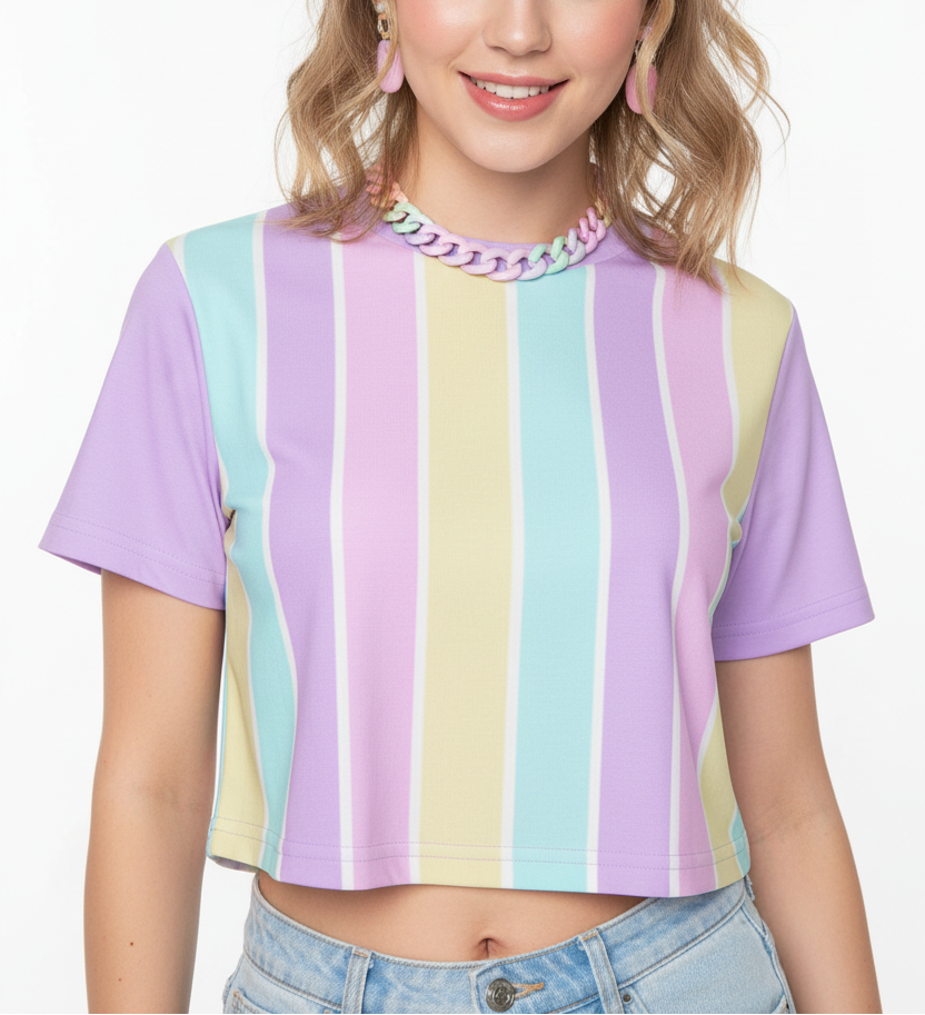 Kawaii harajuku fashion jfashion fairy kei yume kawaii magical girl Cutecore jojifuku Pastel Stripes Purple Crop Top T-Shirt