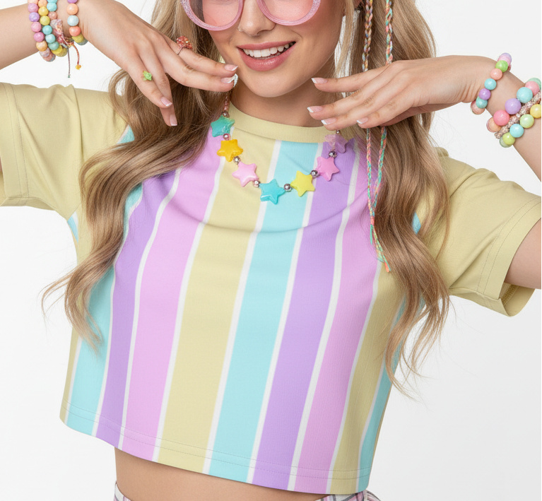 Kawaii harajuku fashion jfashion fairy kei yume kawaii magical girl Cutecore jojifuku Pastel Stripes Yellow Crop Top T-Shirt